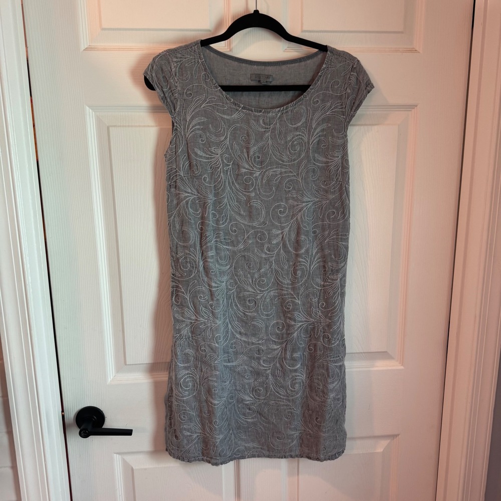 Lina Tomei Dress Womens Medium Gray Linen Embroidered Cap Sleeve Pockets Italy